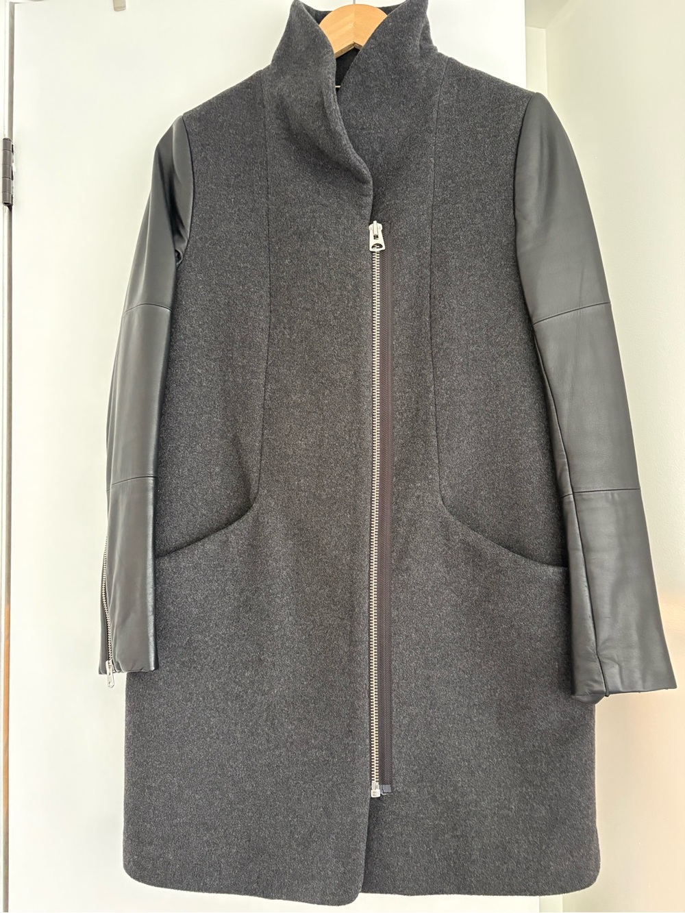 Wilfred Cocoon Coat with Black Leather Sleeves